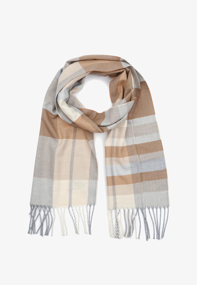 Beige en grijze geruite sjaal gemaakt van zachte stof met franjes; heeft afwisselende strepen in lichte tinten en aardse kleuren.