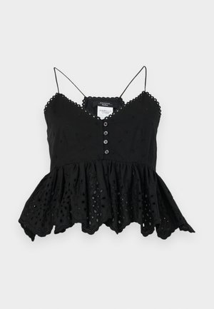 Top sans manches noir avec un col en V, un devant à boutons et un ourlet peplum évasé. Présente des broderies décoratives et des bords festonnés.