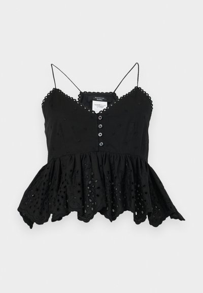 Schwarzes, ärmelloses Oberteil mit V-Ausschnitt, Knopfverschluss und schwingendem Peplum-Saum. Verfügt über dekorative Stickereien und gewellte Kanten.