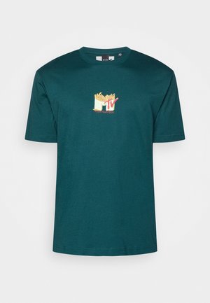 Teal cotton T-shirt featuring a central graphic with "MTV" and French fries design. Short sleeves, crew neck, regular fit.