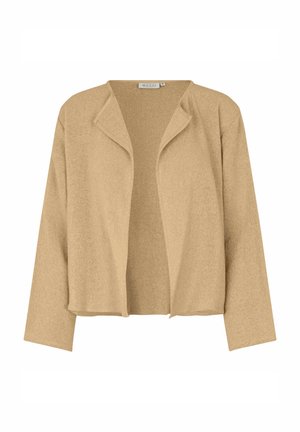 Beige öppen cardigan i texturerat stickat tyg, med avslappnad passform och långa ärmar med en subtil krage.