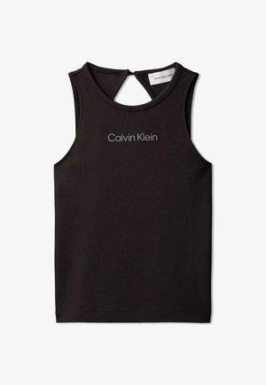 Débardeur noir sans manches avec le logo Calvin Klein centré à l'avant et une petite fermeture éclair à l'arrière de l'encolure.