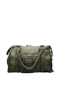 Sac à main en cuir vert avec une finition texturée, anse tressée et quincaillerie dorée. Comprend un compartiment zippé et des poches avant.