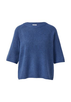 Blauwe gebreide trui met een ontspannen pasvorm, korte mouwen, ronde halslijn en textuurstof voor extra diepte. Eenvoudig en onversierd ontwerp.