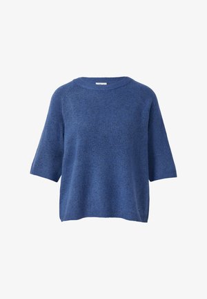 Sinine kudum, millel on mugav lõige, lühikesed varrukad, ümmargune kaelus ja tekstuuriga kangas, mis lisab mõõtmeid. Lihtne ja kaunistusteta disain.