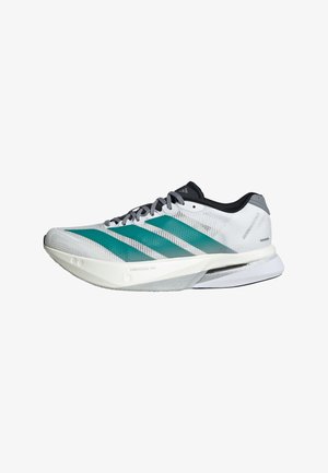 White and teal Adidas running shoe with black laces and cushioned sole designed for lightweight performance and stability.
