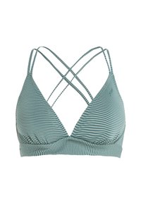 Juostuotas bikini viršus nuspalvintas švelniai mėlyna ir žalia. Yra trigubos formos, o nugaros dalyje turi kryžmines juostas ir susiraukšlėjimus šonuose.