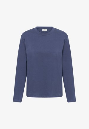 Long-sleeve shirt in dark blue ribbed fabric, featuring a round neckline and straight hem, with minimal stitching details.