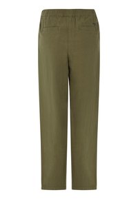 Pantaloni leggeri e traspiranti in verde oliva, con vita elasticizzata. Caratterizzati da due tasche posteriori, design a gamba dritta e texture morbida.
