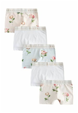 Fünf Paar Damen-Boxershorts in abwechselnden einfarbigen weißen und geblümten Streifenmustern mit elastischen Taillenbändern "BAKER by Ted Baker".