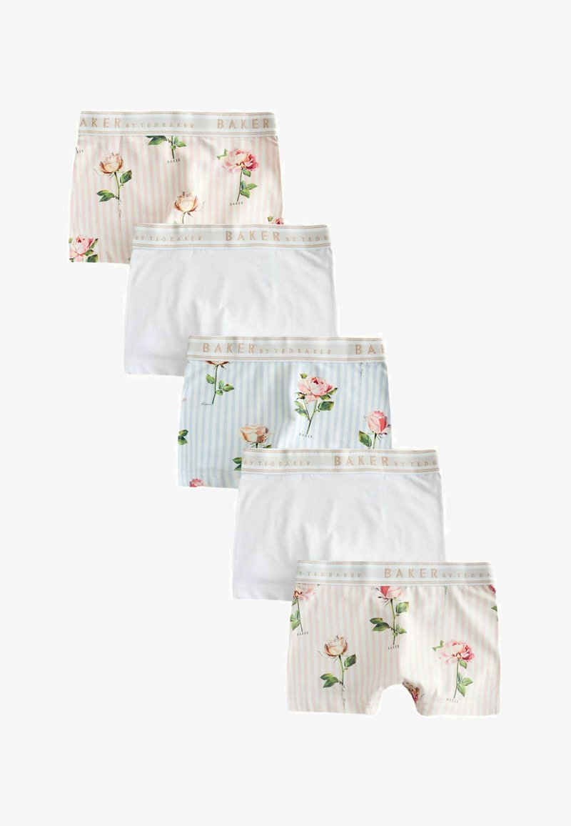 Cinq paires de boxers pour femmes alternant motifs unis blancs et rayures florales, avec des tailles élastiques "BAKER by Ted Baker".