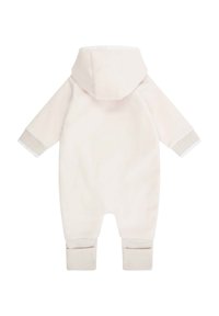 Blassrosafarbener Baby-Overall aus weichem Stoff mit Kapuze, langen Ärmeln und gerippten Bündchen in einem etwas dunkleren Farbton.