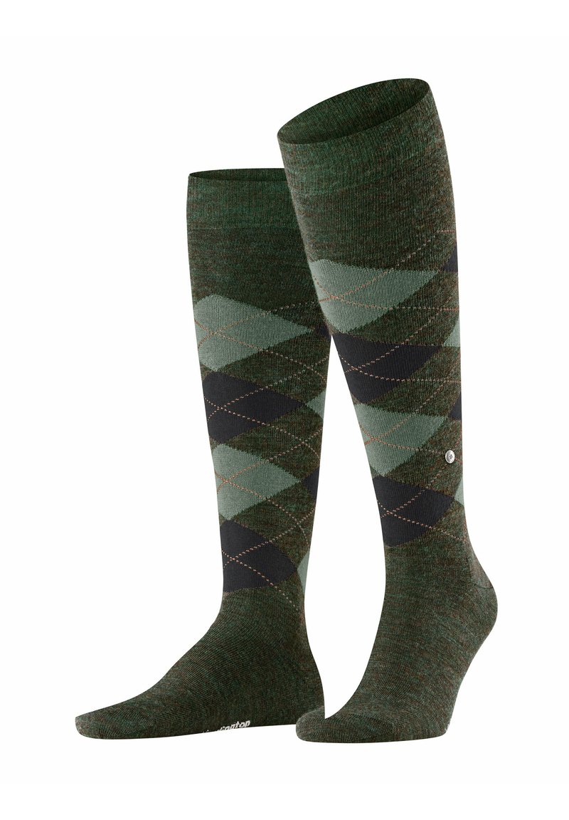 Calze al ginocchio con un motivo argyle verde e nero. Realizzate in materiale testurizzato con forme a diamante contrastanti e accenti di cucitura sottili.