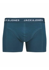Shorts boxers teal foncé en tissu doux, avec une taille contrastante en bleu marine ornée du logo "JACK & JONES" et de détails cousus.