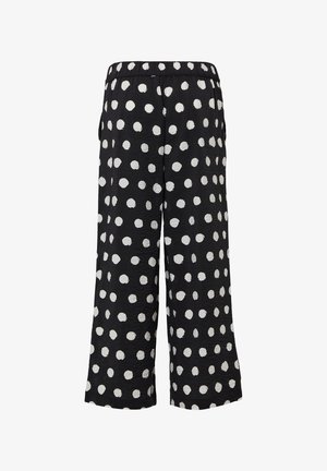 Zwarte broeken met een relaxed fit, voorzien van een witte stippenpatroon en een elastische tailleband. Het materiaal lijkt lichtgewicht met een gestructureerde afwerking.