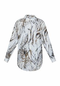 Langærmet skjorte med knaplukning, der har et flerfarvet dyreprint i nuancer af hvid, brun og grå; letvægts, afslappet design.