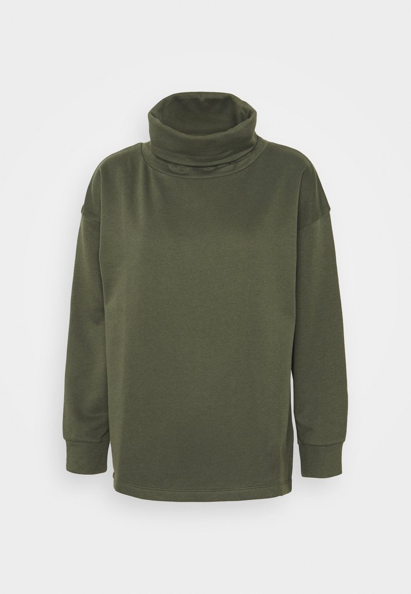 Top de cuello alto de manga larga en verde oliva, hecho de una tela suave, con un cuello doblado y un corte holgado con hombros caídos.