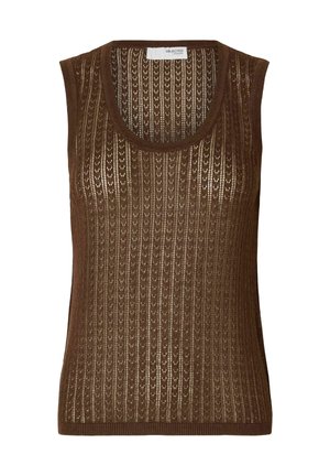 Brun ärmlös topp med en ribbad stickad struktur och öppen mönstring, med rundad halsringning och en figurnära design.