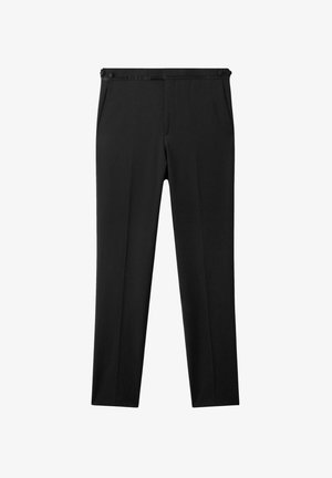 Črne krojene hlače s ravnim krojem, ki imajo dva stranska žepa in gladek pas z gumbnimi zaponkami.