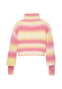 Pulover cropt cu dungă, cu guler rulat, gradient de culoare de la roz la galben și mâneci lungi cu un aspect ajustat.
