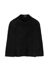 Svart luddigt textured tröja med hög halsringning och långa ärmar, visas platt mot en vit bakgrund.