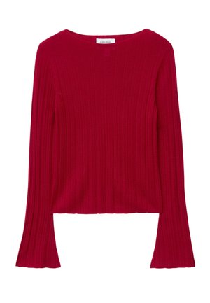 Red, ribbed long-sleeve top with a boat neckline and flared sleeves. Soft fabric texture. Casual design with a fitted silhouette.