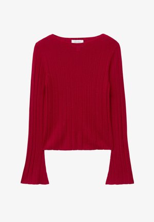 Rotes, geripptes Langarmshirt mit Bootsausschnitt und ausgestellten Ärmeln. Weicher Stoff. Lässiges Design mit einer taillierten Silhouette.