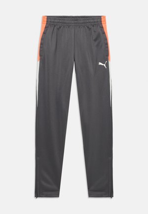 Calças de treino cinzentas feitas de um tecido suave, com detalhes em laranja na cintura e nas laterais, um logótipo em branco e fechos de correr nos tornozelos.