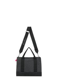 Sac fourre-tout noir et gris en tissu durable, doté de doubles poignées, d'une sangle d'épaule réglable et d'un accent de tirette rose.