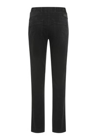 Jeans neri a gamba dritta visti dal retro, con due tasche posteriori e passanti per cintura sulla vita.