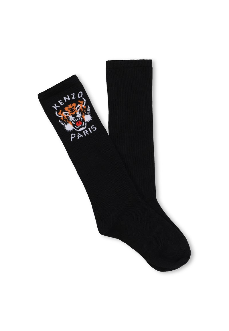 Calze nere al ginocchio con un design di una tigre ricamata e il testo "KENZO PARIS" in bianco sopra il grafico. In materiale misto cotone.