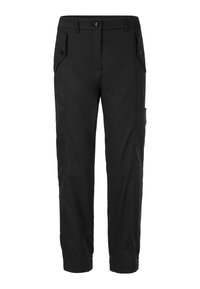 Schwarze Cargo-Hosen aus strapazierfähigem Material. Zu den Merkmalen gehören schräge Fronttaschen, eine seitliche Cargo-Tasche und verstellbare Bündchen am Knöchel.