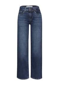 Vaqueros de pierna ancha en denim azul oscuro, con cierre de botón, cinco bolsillos y un acabado de dobladillo limpio. Diseño clásico con un ajuste relajado.