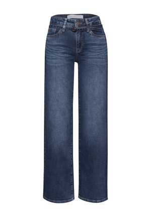 Wijduitlopende jeans in donkerblauwe denim, met een knoopsluiting, vijf zakken en een nette zoom. Klassiek ontwerp met een relaxte pasvorm.