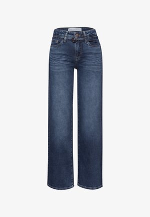 Jean large en denim bleu foncé, avec une fermeture à bouton, cinq poches et un ourlet propre. Design classique avec une coupe décontractée.