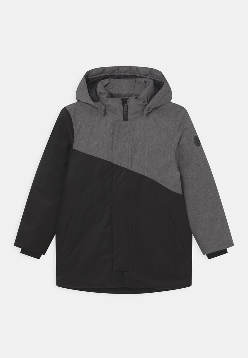 Černá a šedá prošívaná bunda s kapucí, s diagonálním rozdělením, předním zipem a bočními kapsami. Hladká textura látky.