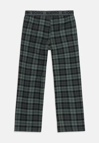 Žaliai juodi flaneliniai pižamos kelnių raštai su elastinga juosta, kurioje pakartotinai užrašyta "BJÖRN BORG" juoda ant pilkos fono.