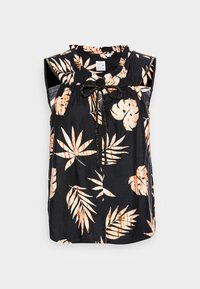 Blusa nera senza maniche con motivi a foglia arancioni e crema, scollatura arricciata, coulisse regolabile in vita e tessuto leggero.