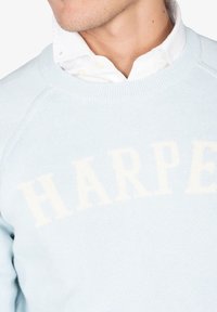 Hombre lleva un suéter azul claro con letras blancas tenues que dicen "HARPER" sobre el cuello de una camisa blanca con botones.