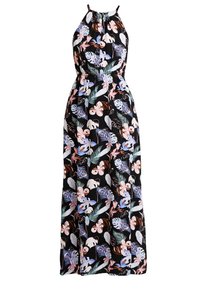 Maxi šaty z černé látky s květinovým vzorem v odstínech růžové, modré a zelené, s designem za krk a nařaseným pasem.