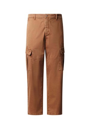 Bruine cargobroek van lichtgewicht stof, met twee zijzakken en een rechte snit. De tailleband heeft een knoopsluiting.