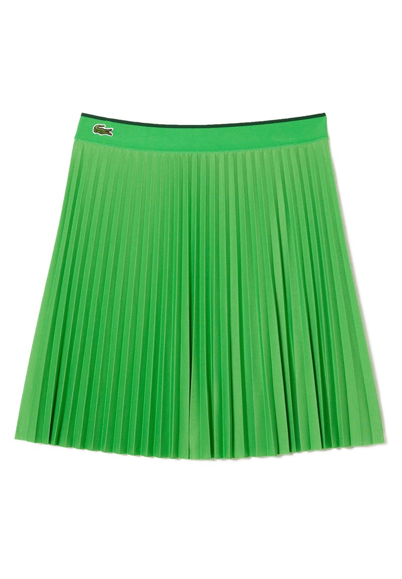 Zielona spódnica plisowana z czarnym pasem. Wykonana z gładkiego materiału, z pionowymi plisami i małym logo Lacoste na pasie.