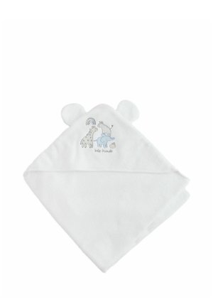 Weißes Baby-Kapuzenhandtuch mit Tierohren und bestickter Cartoon-Giraffe, Zebra, Elefant, Regenbogen und "little friends" Text.