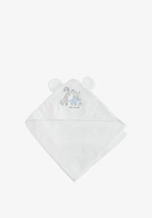 Hvid baby hættetrøje med dyreører og broderet tegneserie giraf, zebra, elefant, regnbue og "little friends" tekst.