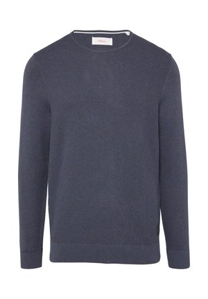 Maglione blu navy realizzato in un tessuto a maglia testurizzato, con scollatura rotonda e polsini e orlo a coste. Piccola etichetta con logo in basso a sinistra.