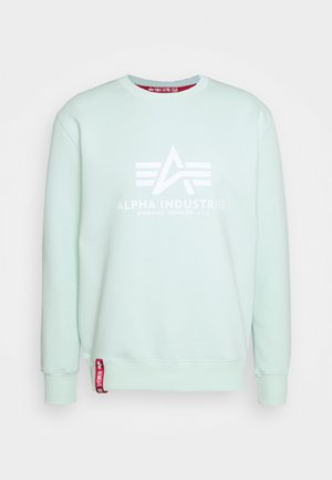 Licht mintgroene sweatshirt met lange mouwen, geribbelde boorden en hals. Heeft een wit logo in het midden van de borst en een rode label aan de zoom.