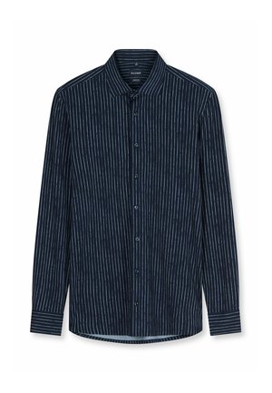 Camicia blu navy a maniche lunghe con bottoni, righe verticali bianche e colletto classico.