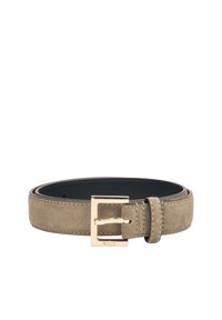 Suede belt in olive green with a smooth black inner lining. Features a gold-tone metal buckle with a rectangular shape and minimalist design.