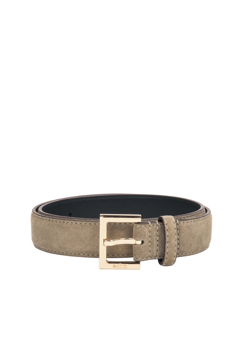 Suede belt in olive green with a smooth black inner lining. Features a gold-tone metal buckle with a rectangular shape and minimalist design.
