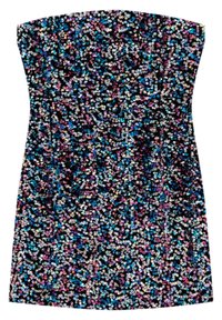 Svart bärlös miniklänning täckt med flerfärgade paljetter, med en slät textur och en åtsittande silhuett.